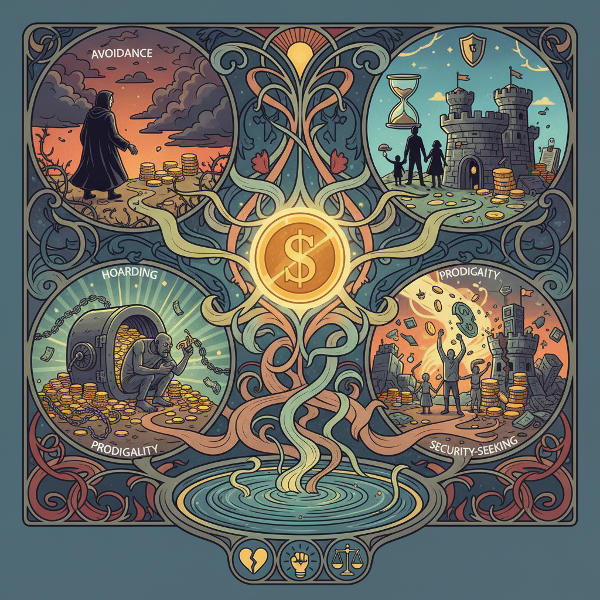 Gambar simbolis yang menggambarkan berbagai pola hubungan emosional dan perilaku manusia dengan uang.