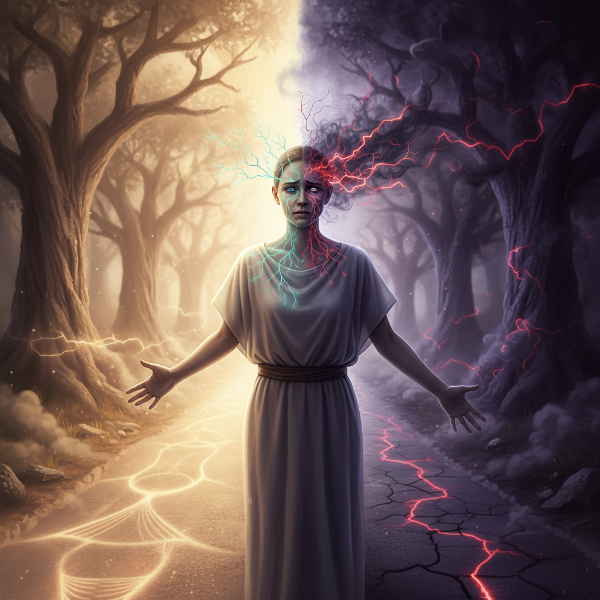 Seseorang di persimpangan jalan, dengan satu jalan bercahaya tenang dan jalan lain gelap bergolak, wajahnya menunjukkan campuran emosi dengan sirkuit otak halus yang terlihat, melambangkan pola emosional sadar dan tidak sadar.