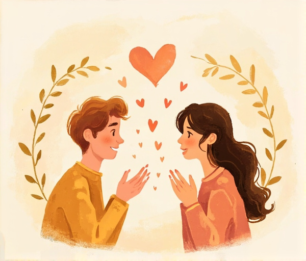 Ilustrasi dua orang saling berbagi perasaan dengan tulus, ekspresi hangat, latar lembut, simbol empati visual.