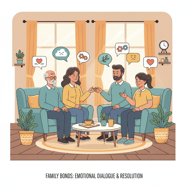 Ilustrasi keluarga multigenerasi berdiskusi dan saling mendukung dalam suasana hangat dan inklusif