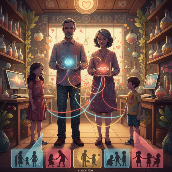 Ilustrasi keluarga yang menggambarkan ikatan emosional, konflik, dan pola komunikasi yang terbentuk dari pengasuhan masa kecil.