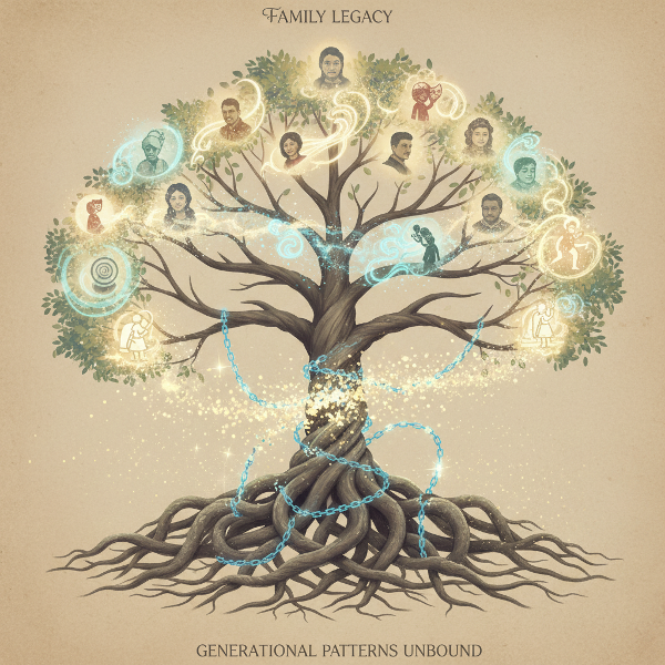 Sebuah pohon keluarga dengan akar yang terjalin dan rantai bercahaya yang putus, menggambarkan pola emosional tersembunyi dan peran yang diwariskan melintasi generasi.