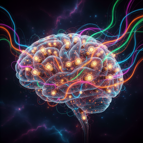 Ilustrasi otak manusia yang bercahaya dengan lampu pijar dan jalur saraf berwarna-warni, melambangkan aliran ide kreatif dan solusi inovatif.