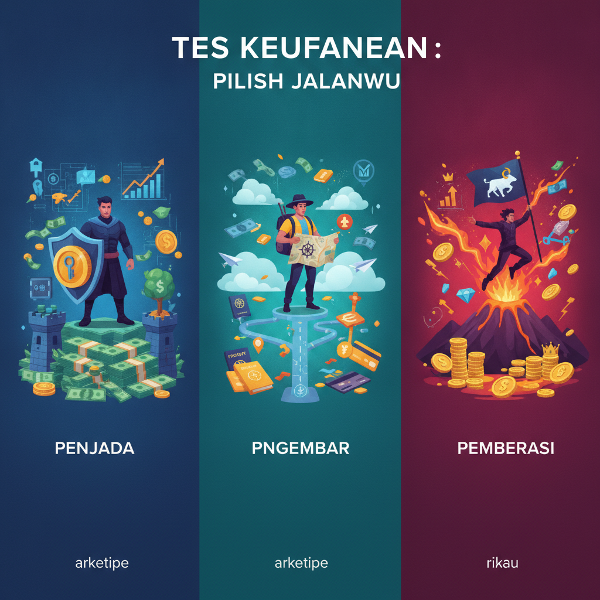 Ilustrasi tiga arketipe keuangan dengan simbol uang dan latar belakang abstrak.