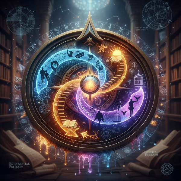 Sebuah kompas bercahaya yang menunjukkan jalan nilai-nilai tersembunyi seperti koneksi, pencapaian, dan kebebasan melalui seni simbolis.