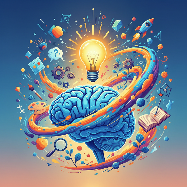 Gambar otak dengan bola lampu menyala, dikelilingi simbol ide abstrak dan solusi inovatif dalam warna-warna cerah.