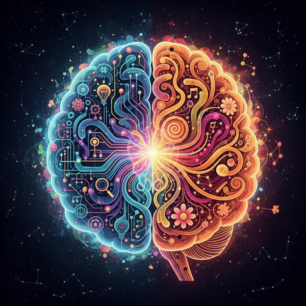 Gambar yang menggambarkan proses berpikir kompleks dengan berbagai jalur dan simbol, mewakili pemecahan masalah dan kreativitas.