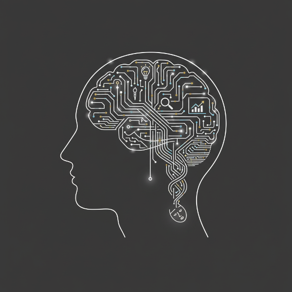 Gambar konseptual yang menggambarkan proses berpikir manusia dengan berbagai jalur, simbol analisis, kreativitas, dan bias.
