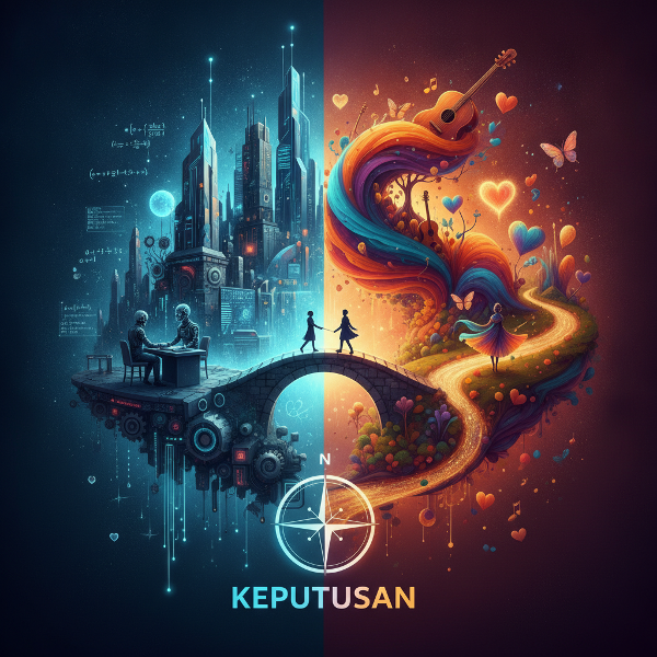 Ilustrasi otak dengan dua belahan yang berbeda, menggambarkan keseimbangan antara logika dan kreativitas dalam pengambilan keputusan.