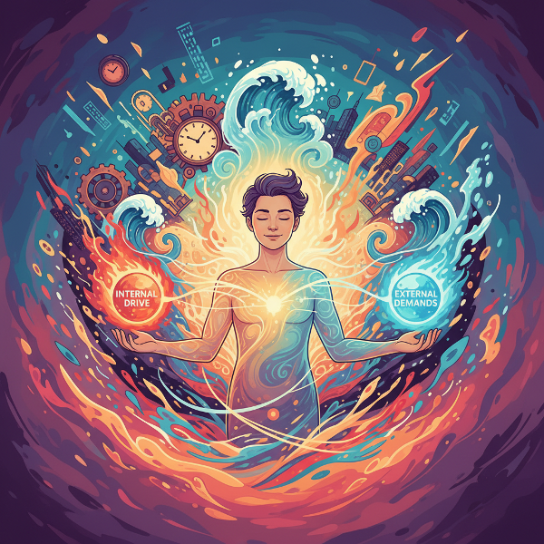Ilustrasi seseorang yang bercahaya dengan energi internal, fokus di tengah dunia yang kacau, menyeimbangkan dorongan dari dalam dan tuntutan dari luar.