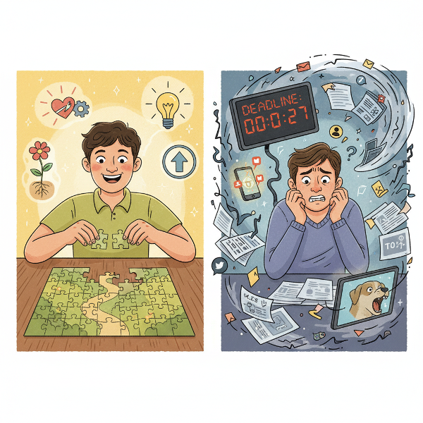 Kontras antara orang yang termotivasi internal menyelesaikan tugas dengan mudah dan orang yang terdistraksi oleh imbalan eksternal.