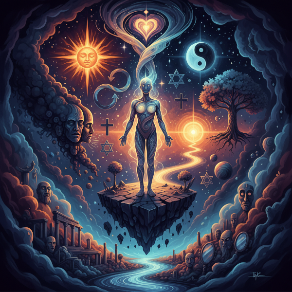 Gambar surealis yang menggambarkan jiwa manusia dengan simbol arketipe Jungian, cahaya dan bayangan yang menyatu, serta narasi bawah sadar yang membentuk diri.