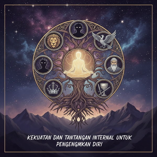 Ilustrasi simbolis arketipe Jung yang hidup dalam jiwa, menggambarkan kekuatan dan tantangan internal untuk pengembangan diri.