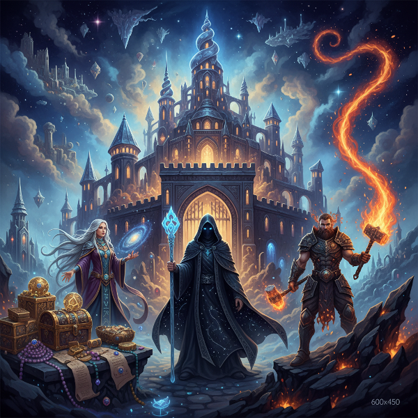 Sebuah benteng jiwa yang megah dan gaib, dijaga oleh tiga sosok arketipe penjaga di dalam lanskap psikologis yang mistis.