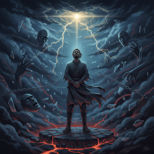 Ilustrasi metaforis seseorang yang tetap tenang dan fokus di tengah badai tekanan dan ketidakpastian, melambangkan ketahanan mental.