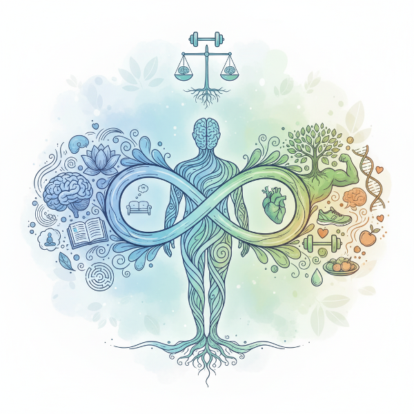 Gambar yang menggambarkan hubungan erat antara pikiran dan tubuh, dengan elemen simbolis kesehatan mental dan fisik yang seimbang.