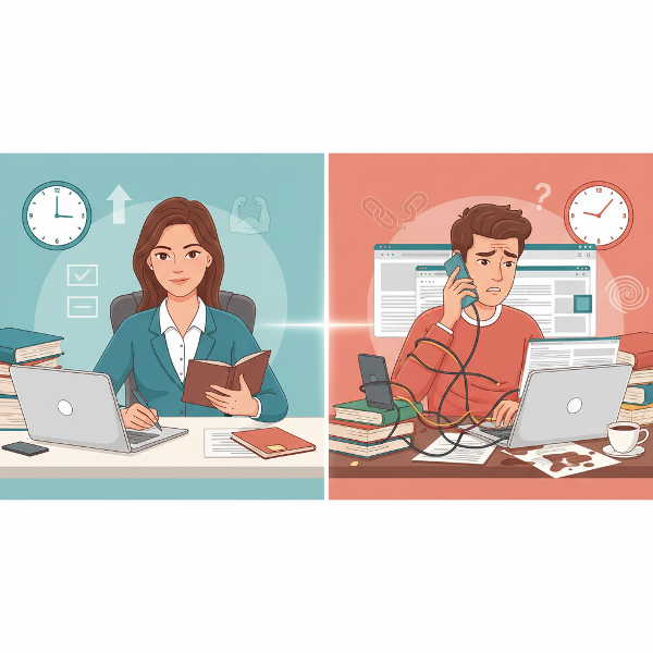 Ilustrasi kontras antara seseorang yang termotivasi dan fokus menyelesaikan tugas dengan seseorang yang mudah terdistraksi dan menunda-nunda.
