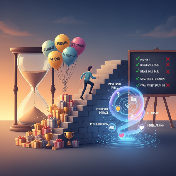 Ilustrasi metaforis tentang dua sisi motivasi: eksternal (hadiah dan pujian) dan intrinsik (rasa ingin tahu dan kepuasan), dengan elemen waktu dan produktivitas.