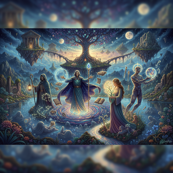 Ilustrasi mistis arketipe universal seperti Sang Pencari dan Sang Penyihir muncul dari alam bawah sadar kolektif dalam lanskap simbolis untuk introspeksi.