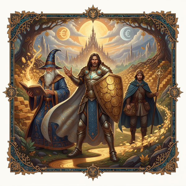 Ilustrasi mistis yang menggambarkan tiga arketipe keuangan: Pahlawan, Penyihir, dan Pengembara, dalam suasana penuh simbolisme uang dan jalan hidup.