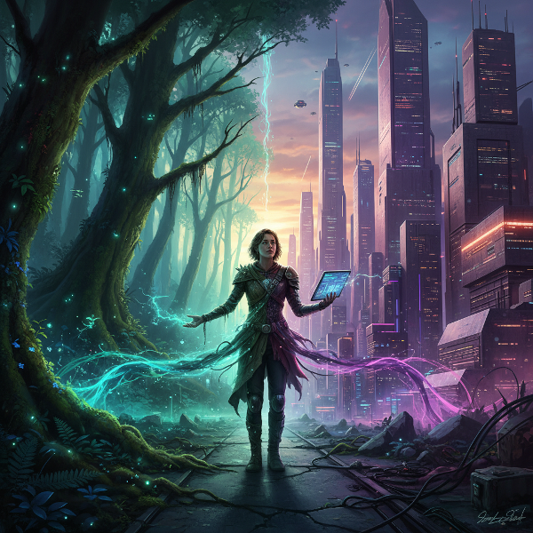 Gambar seseorang di persimpangan antara hutan hijau dan kota beton, dengan aliran energi dari alam, mewakili hubungan manusia dengan ekosistem global.