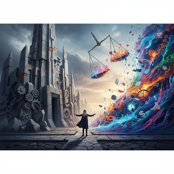 Ilustrasi simbolis seseorang di persimpangan antara struktur kekuasaan yang kaku dan arus perubahan sosial, dengan timbangan keadilan yang miring.