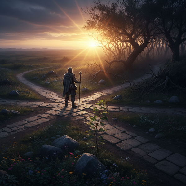 Seseorang di persimpangan jalan, menghadapi pilihan menuju hutan gelap yang berakhir dengan matahari terbit, melambangkan ketahanan dan pertumbuhan melalui kesulitan.