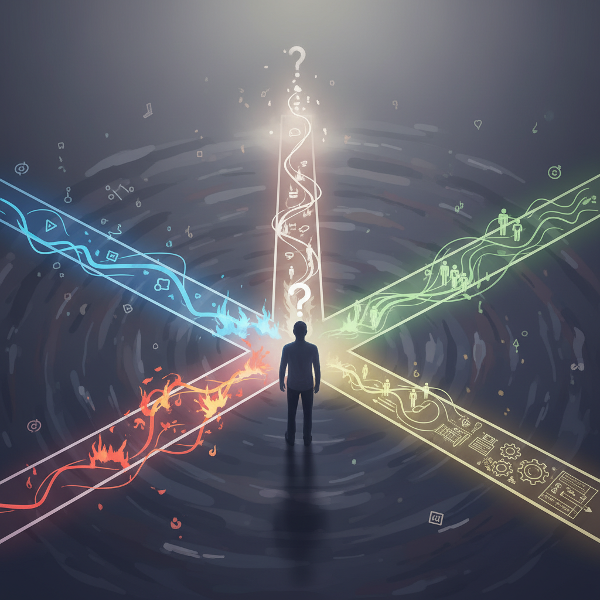 Ilustrasi abstrak seseorang di persimpangan jalan dengan beberapa jalur bercahaya warna berbeda, melambangkan berbagai gaya pengambilan keputusan dan introspeksi.