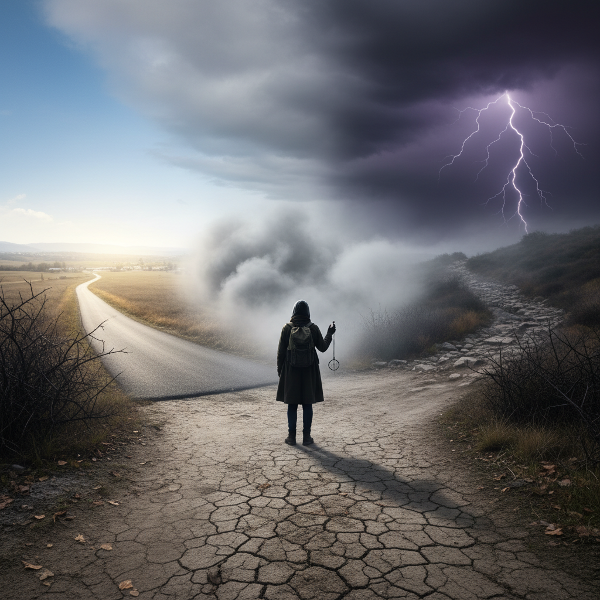 Seseorang di persimpangan jalan dengan beberapa jalur, ada yang jelas dan lainnya terselubung kabut, melambangkan perubahan dan pilihan hidup yang tak terduga.