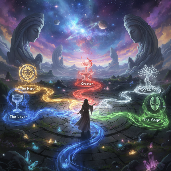 Ilustrasi seseorang di persimpangan jalan bercahaya dalam lanskap mistis, melambangkan perjalanan melalui arketipe universal ketidaksadaran kolektif.