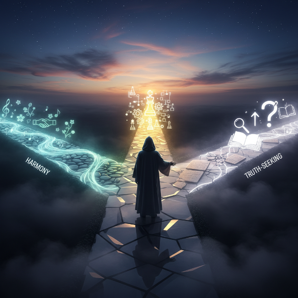 Ilustrasi seseorang di persimpangan tiga jalan yang melambangkan peran sosial berbeda: harmoni, analisis strategis, dan pencarian kebenaran.