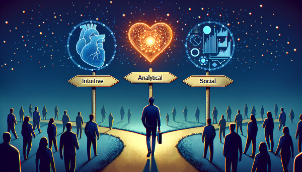 Gambar seseorang di persimpangan jalan yang bercabang tiga, melambangkan tiga gaya pengambilan keputusan: intuitif, analitis, dan sosial.