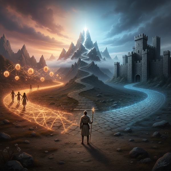 Ilustrasi seseorang di persimpangan jalan yang mewakili tiga kekuatan pendorong utama: hubungan, pertumbuhan, dan stabilitas.