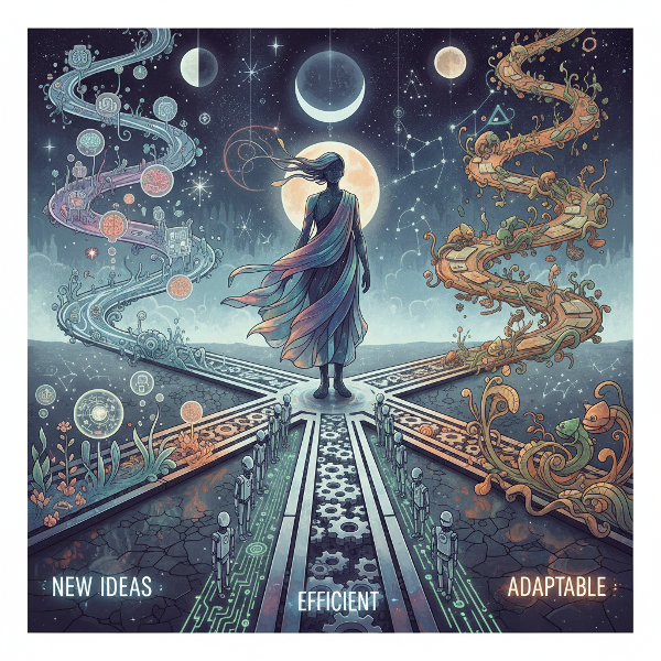 Ilustrasi simbolis seseorang di persimpangan jalan dengan tiga jalur berbeda yang mewakili strategi Inovator, Optimisator, dan Adaptor.