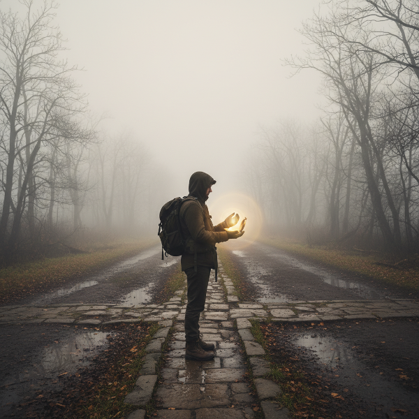 Ilustrasi seseorang di persimpangan jalan berkabut, memegang kompas bersinar, melambangkan navigasi ketidakpastian dan pencarian arah.