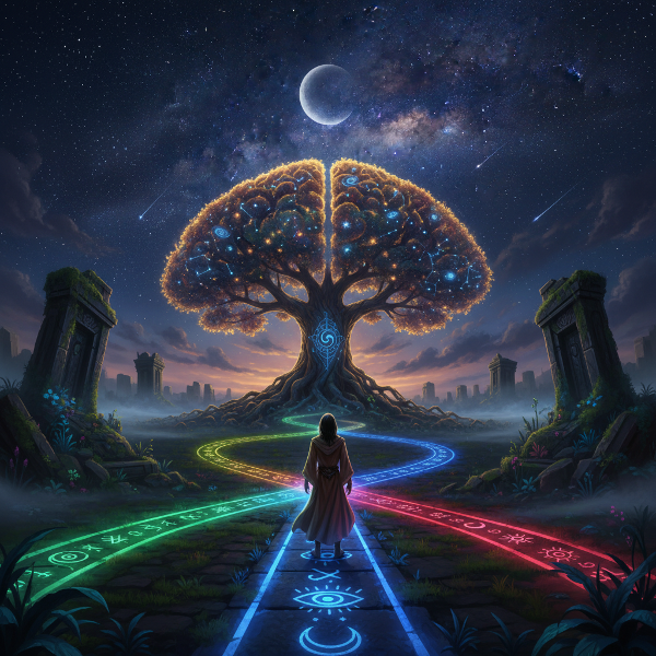 Ilustrasi seseorang di persimpangan jalan bercahaya yang melambangkan pilihan hidup, dikelilingi simbol-simbol kuno dan pohon kebijaksanaan di bawah langit berbintang.