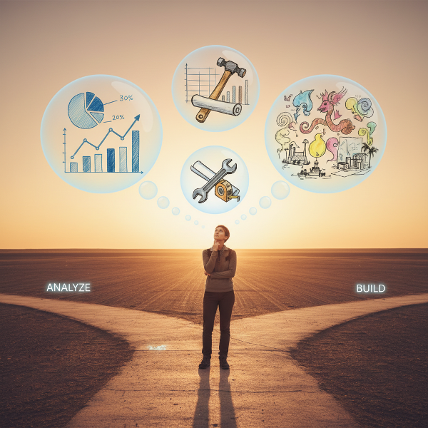 Ilustrasi seseorang di persimpangan jalan dengan gelembung pikiran yang menampilkan grafik analitis, sketsa kreatif, dan alat praktis, melambangkan berbagai gaya pengambilan keputusan.