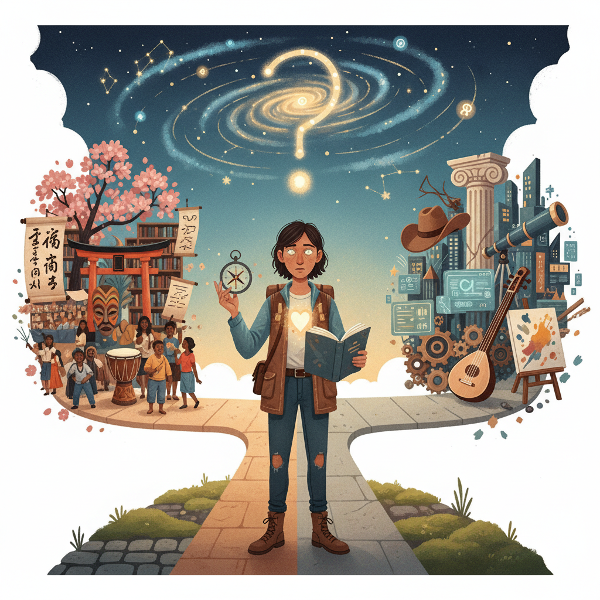 Seseorang di persimpangan jalan metaforis, dikelilingi simbol budaya dan pengalaman, merefleksikan sikap sosial.