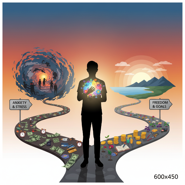 Seseorang berdiri di persimpangan jalan uang, dengan peta emosi dan keyakinan finansial yang bercahaya terlihat di dalam diri, melambangkan pilihan antara kecemasan dan kebebasan.