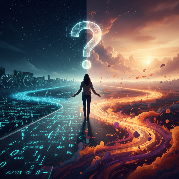 Ilustrasi seseorang di persimpangan jalan yang melambangkan pilihan, dengan satu jalan penuh simbol analitis dan jalan lain yang abstrak dan intuitif.