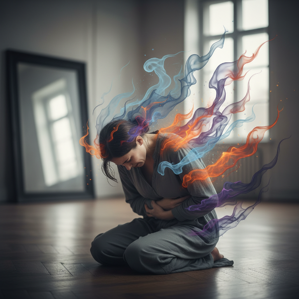 Ilustrasi seseorang merasakan gejala fisik akibat stres, dengan emosi abstrak berputar di sekitarnya, dalam gaya lembut dan reflektif.