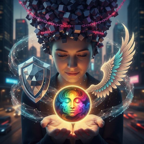 Ilustrasi seseorang memegang koin bercahaya yang memantulkan emosi dalam, dengan bentuk abstrak keamanan, kebebasan, dan tekanan berputar di sekitarnya.