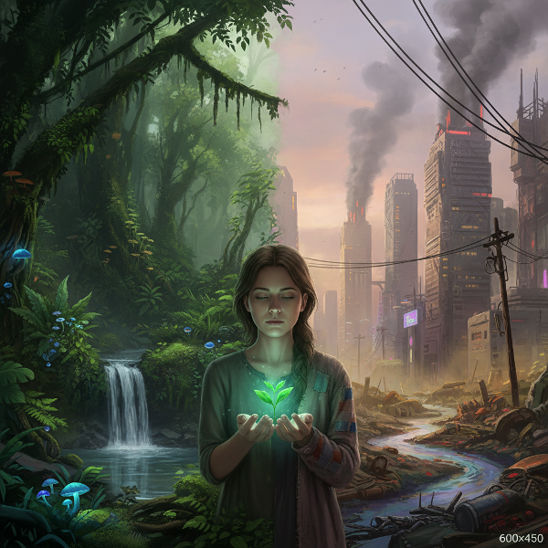 Seseorang memegang bibit bercahaya di tengah alam hijau dan polusi perkotaan, melambangkan keseimbangan hidup manusia dengan dampak lingkungan.