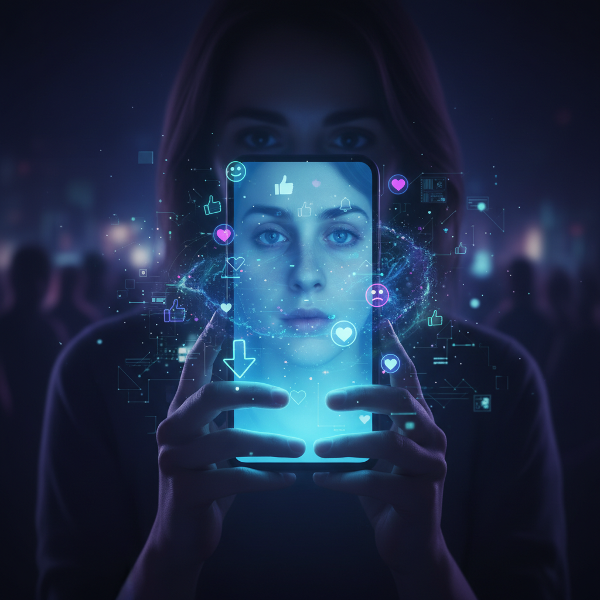 Ilustrasi seseorang terpengaruh oleh lingkungan digital, dengan simbol-simbol digital abstrak di sekitarnya, mencerminkan dampak teknologi pada suasana hati dan identitas.