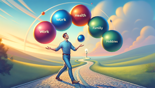 Ilustrasi seseorang yang sedang menjuggling bola-bola berwarna yang melambangkan aspek kehidupan, berdiri di jalan menuju tujuan, menggambarkan keseimbangan hidup dan fokus pada pencapaian.