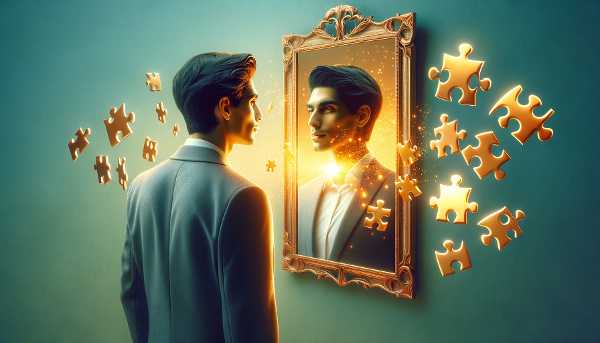 Seseorang bercermin melihat refleksi diri yang percaya diri dengan cahaya, dikelilingi kepingan puzzle yang membentuk citra diri utuh.