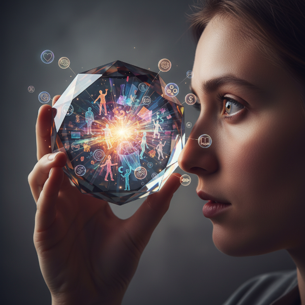 Ilustrasi seseorang melihat dunia sosial yang berwarna dan abstrak melalui lensa unik yang terbentuk dari pengalaman dan nilai-nilai hidup.