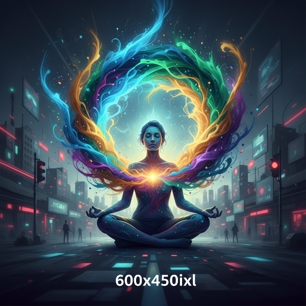 Ilustrasi seseorang bermeditasi di tengah medan energi abstrak yang dinamis, melambangkan kekuatan batin dan keseimbangan di tengah hiruk-pikuk kehidupan modern.