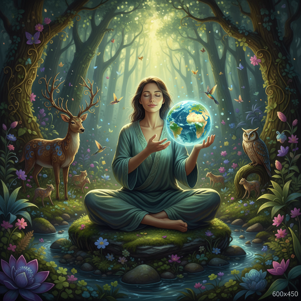 Seseorang bermeditasi di hutan hijau yang rimbun, memegang Bumi yang bercahaya, dikelilingi oleh tumbuhan dan hewan yang hidup, melambangkan koneksi ekologis dan ketenangan pikiran.