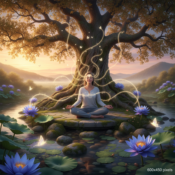 Ilustrasi seseorang bermeditasi di taman yang tenang, dengan garis energi yang menghubungkan pikiran dan tubuh dengan alam yang subur.